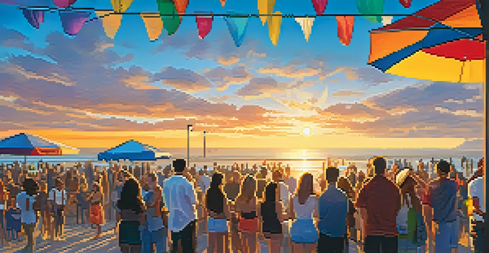 A lively music event at Santa Monica Pier with a diverse crowd and a sunset backdrop.
