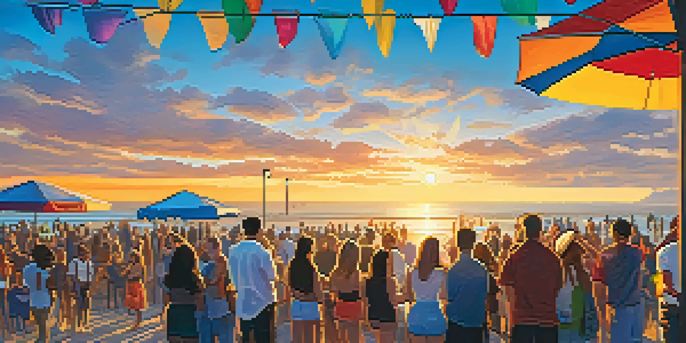 A lively music event at Santa Monica Pier with a diverse crowd and a sunset backdrop.