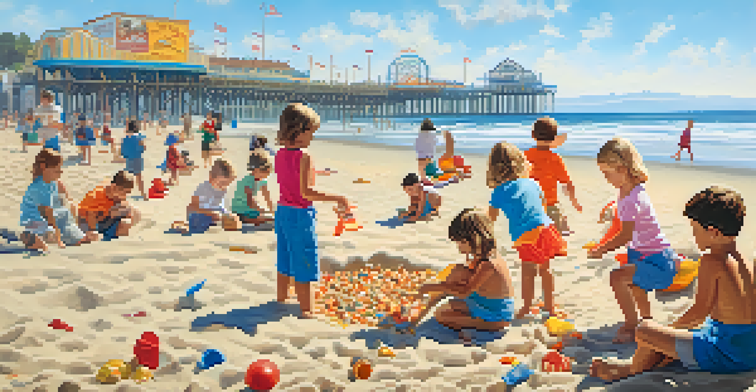Children playing at the beach, building sandcastles and enjoying the ocean, with a colorful backdrop of the Santa Monica pier.