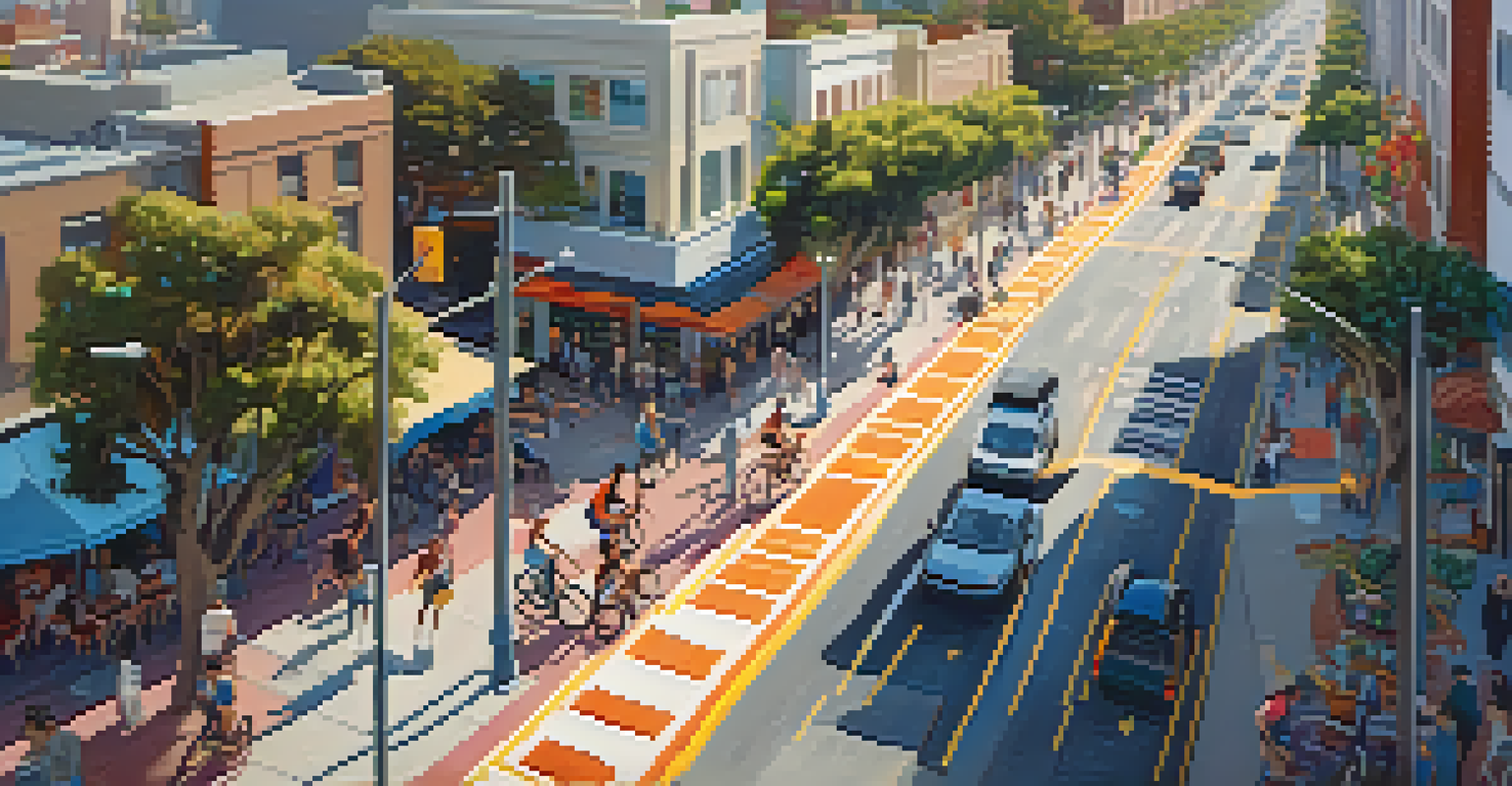 An overhead shot of Santa Monica's downtown with cyclists using bike lanes, surrounded by urban buildings and outdoor cafes.