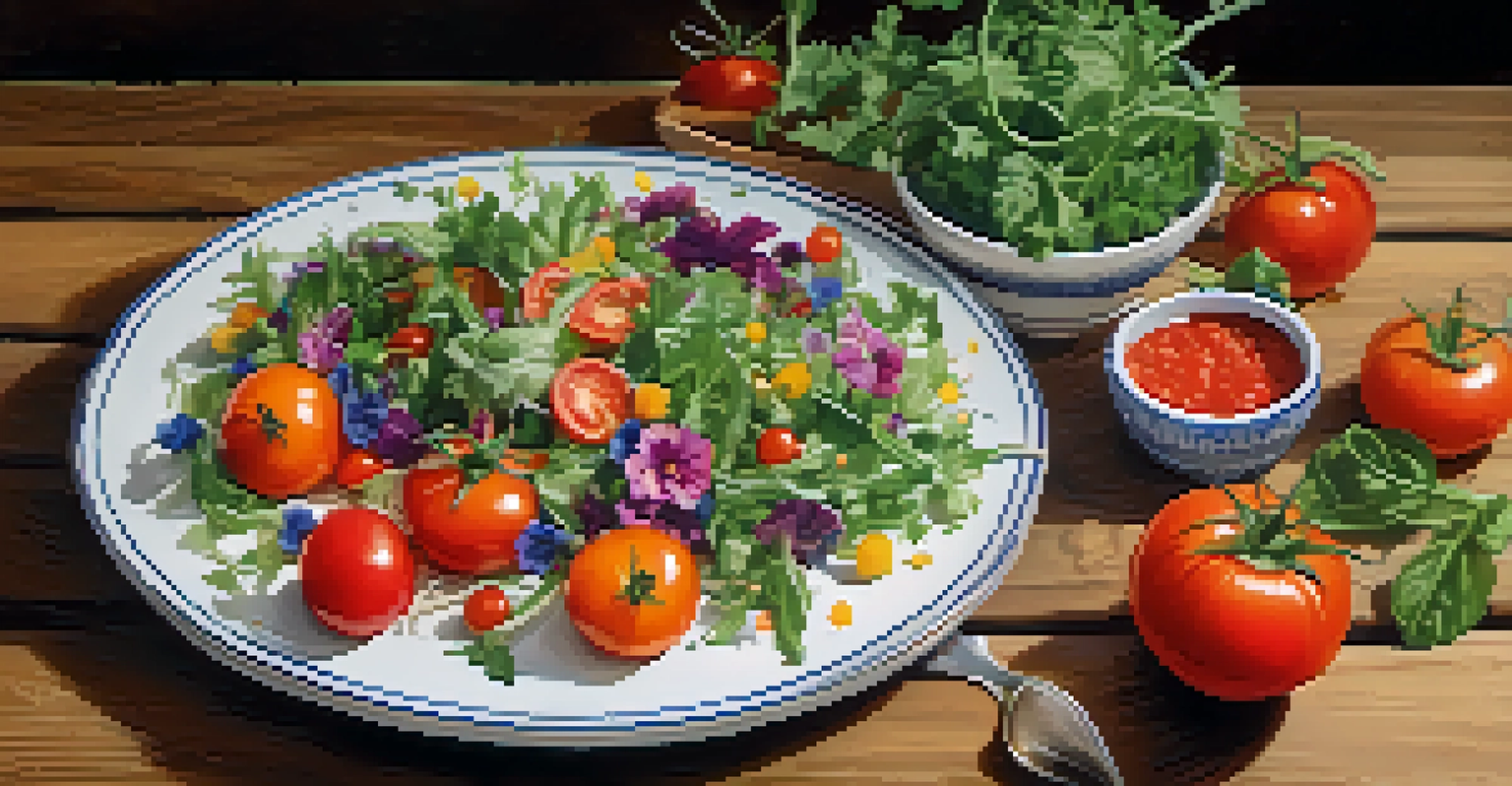 A beautifully arranged salad showcasing fresh seasonal ingredients on a rustic wooden table.