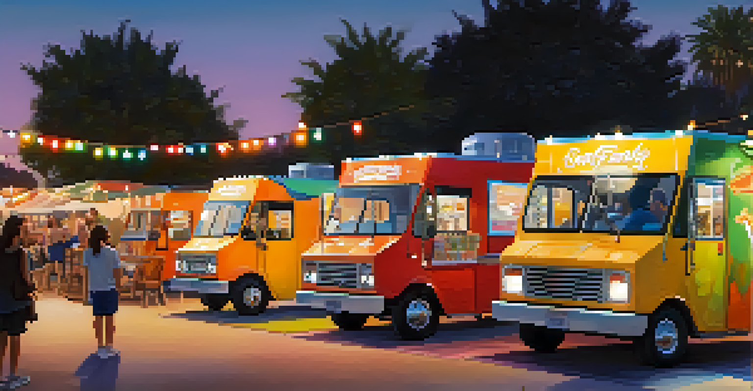 Eco-friendly food trucks at a Santa Monica festival, serving organic meals with attendees enjoying food at picnic tables under fairy lights.