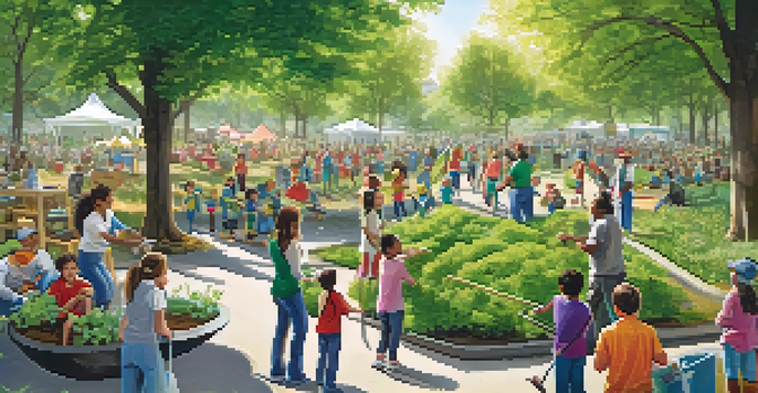 A community event with employees planting trees and cleaning a park, surrounded by families and greenery.