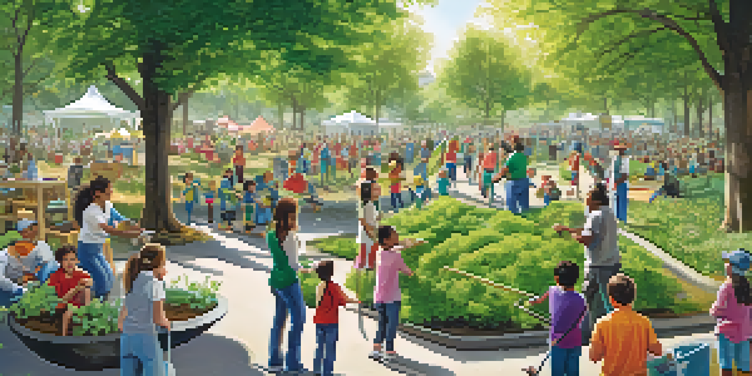 A community event with employees planting trees and cleaning a park, surrounded by families and greenery.