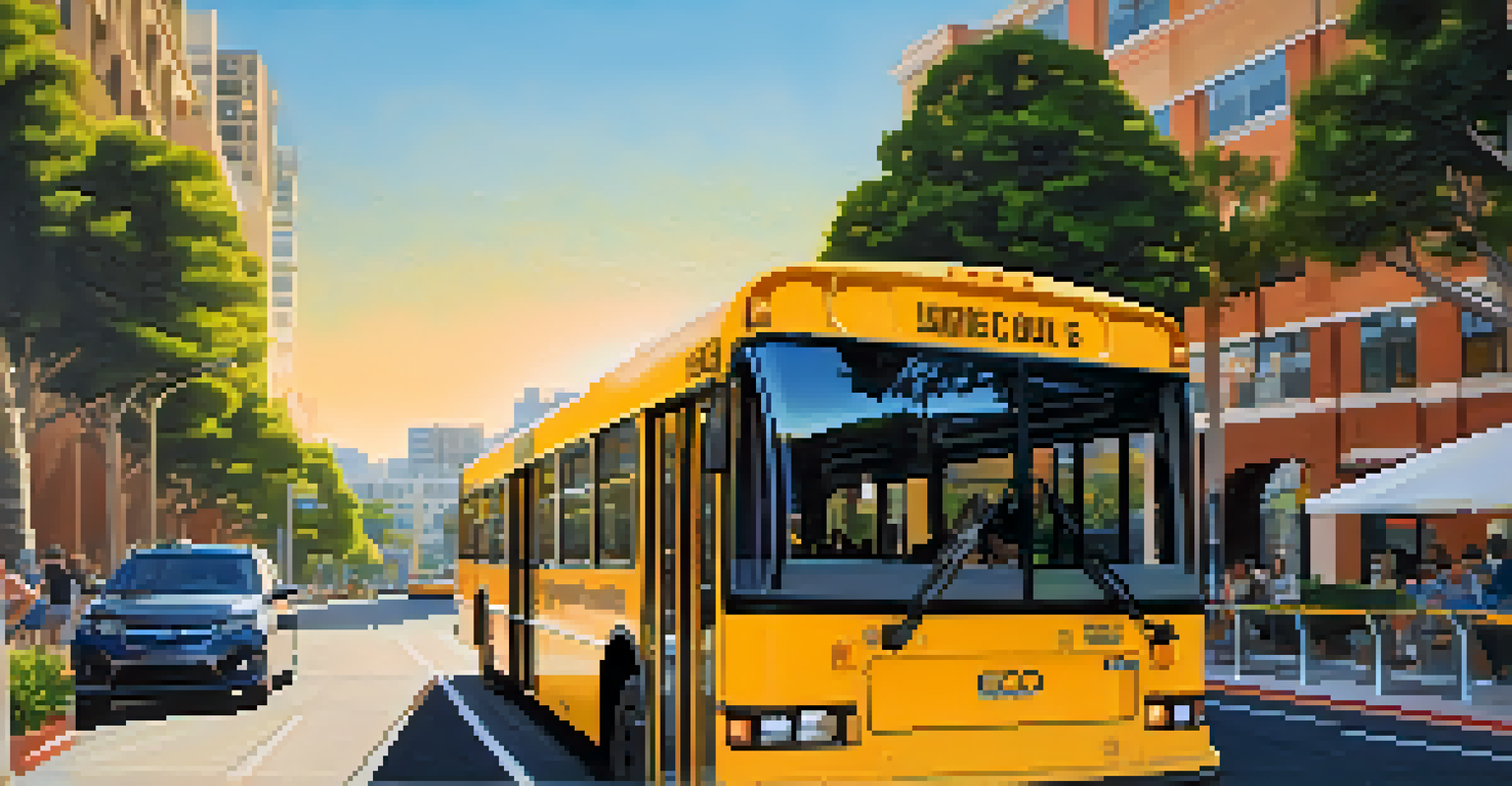 Close-up of a modern Santa Monica public transit bus at sunset with city buildings behind.