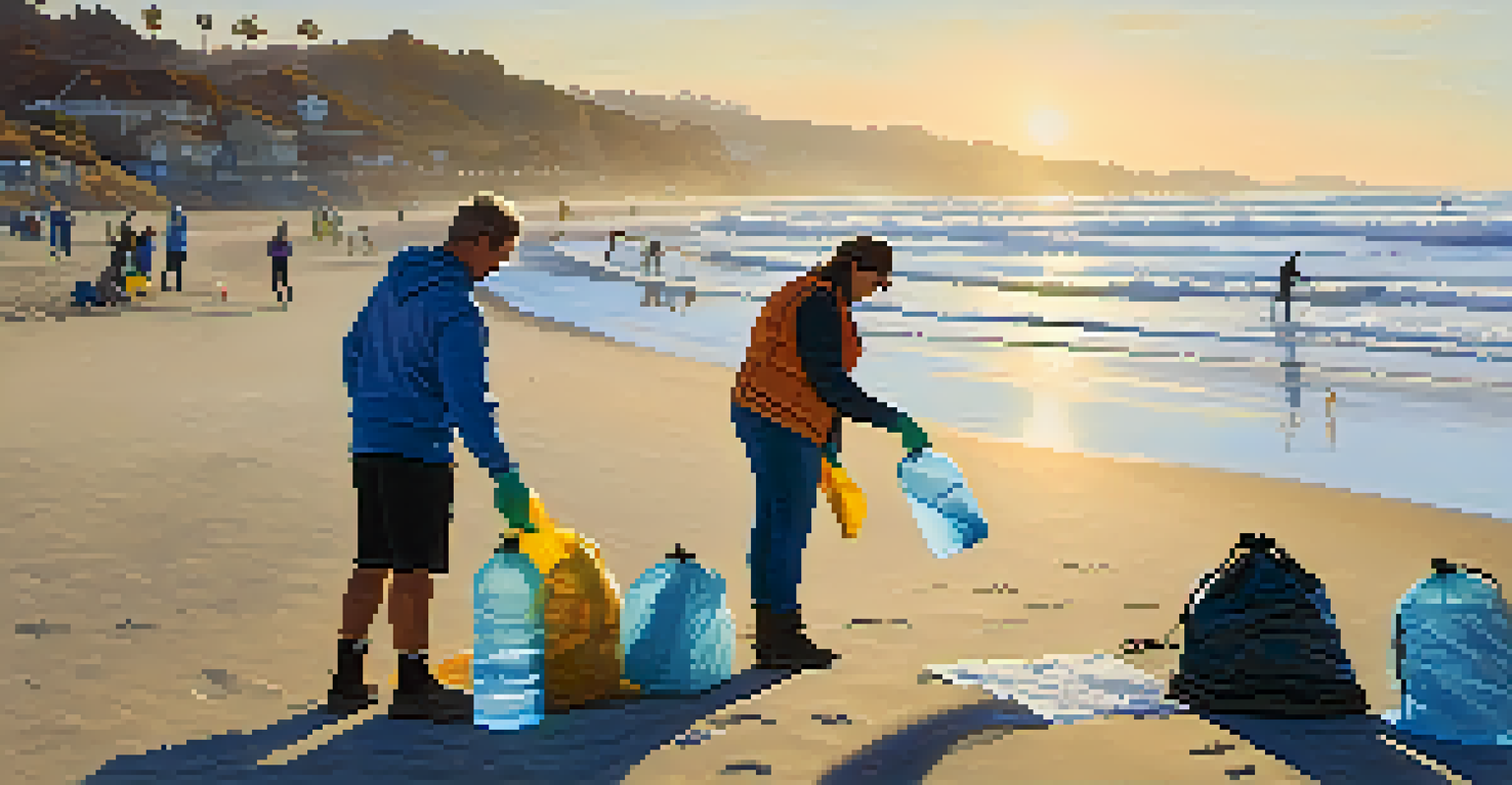 Volunteers cleaning up Will Rogers State Beach at sunrise, with ocean waves and sunlight creating a peaceful atmosphere.