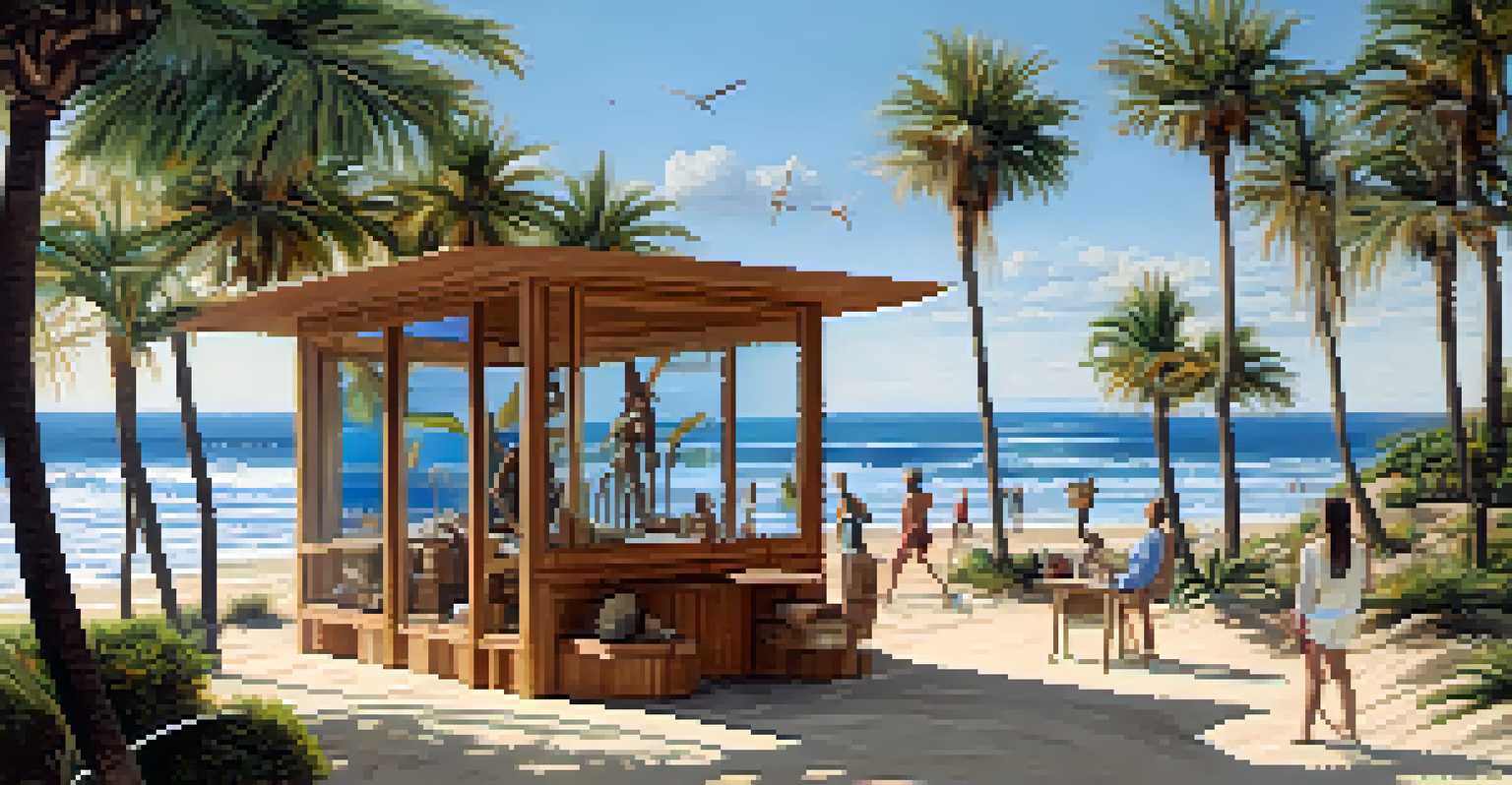 Artistic sculptures at the Annenberg Community Beach House, nestled among palm trees and beach, with people interacting with the art.