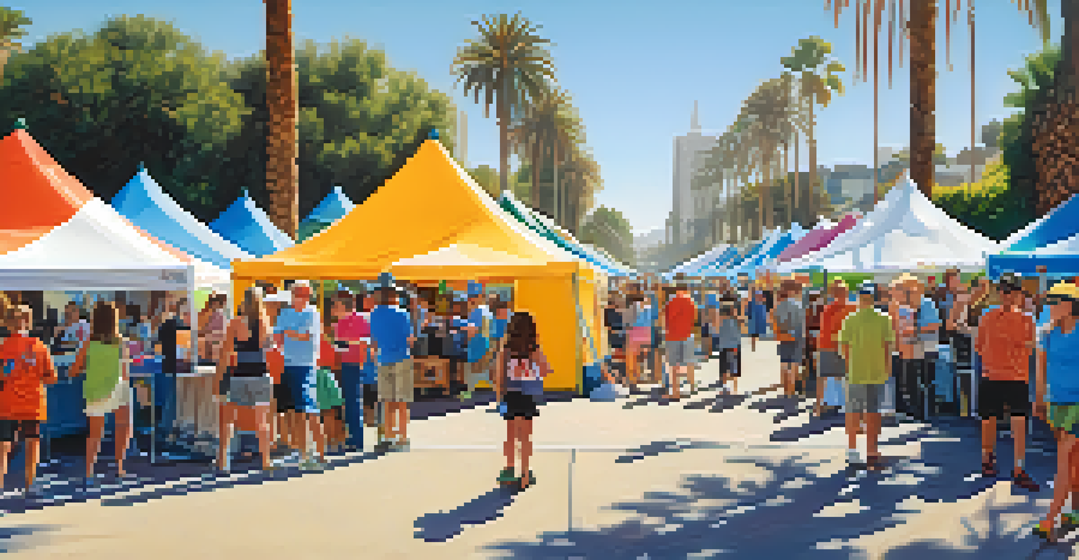 A lively outdoor festival in Santa Monica, with tents, workshops, and people participating in hiking activities under a blue sky.