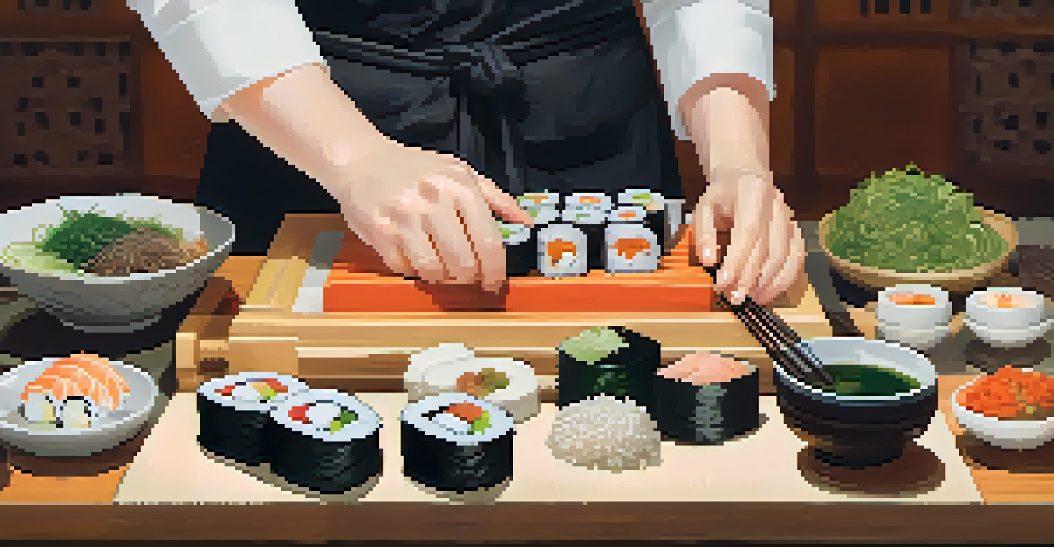 Close-up of hands rolling sushi with fresh ingredients in a warm, inviting cooking class setting.