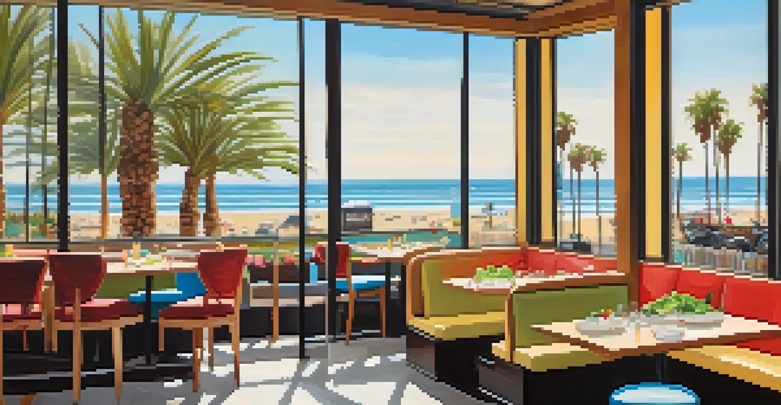 A bright vegan restaurant table with colorful salads and grain bowls, overlooking palm trees and the beach.