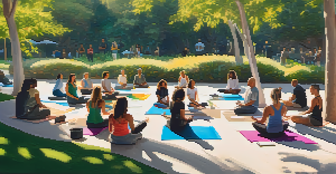 A diverse group of people attending a work-life balance workshop outdoors in Santa Monica, with a facilitator and lush greenery around them.