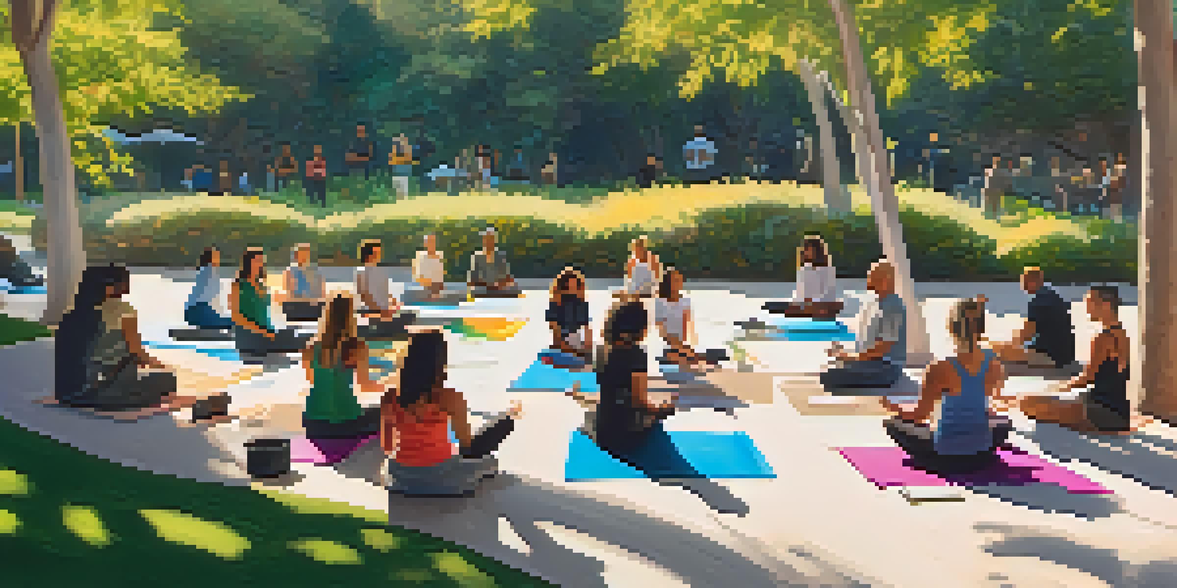 A diverse group of people attending a work-life balance workshop outdoors in Santa Monica, with a facilitator and lush greenery around them.