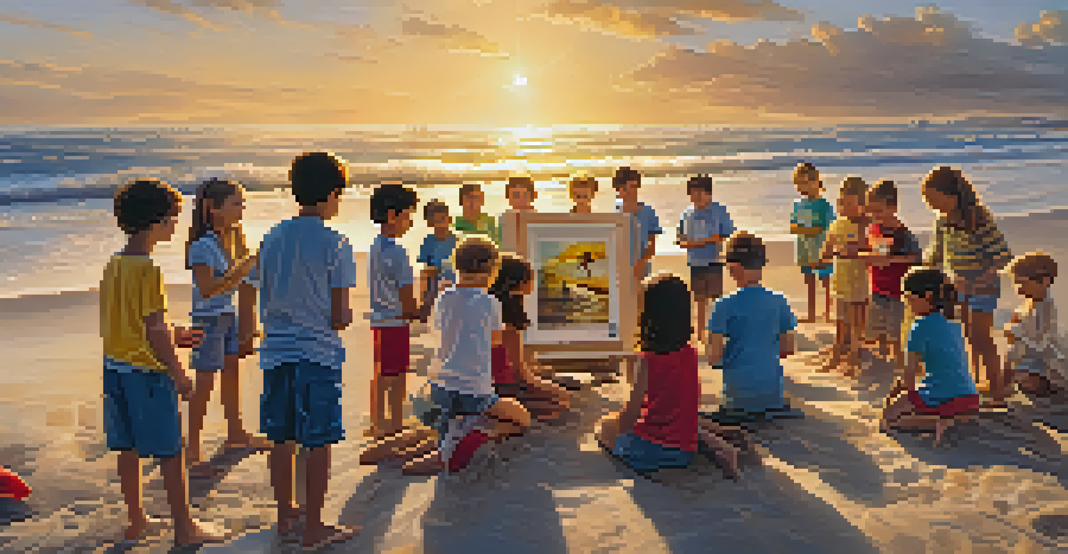 Children participating in an ocean safety workshop on the beach, learning from a marine educator as the sun sets.