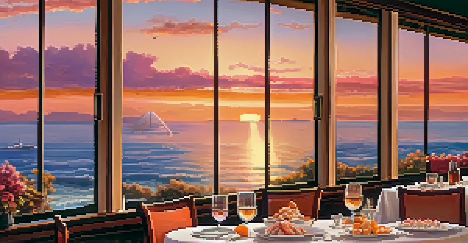 Families dining at a restaurant with sunset views over the ocean, enjoying seafood and drinks.