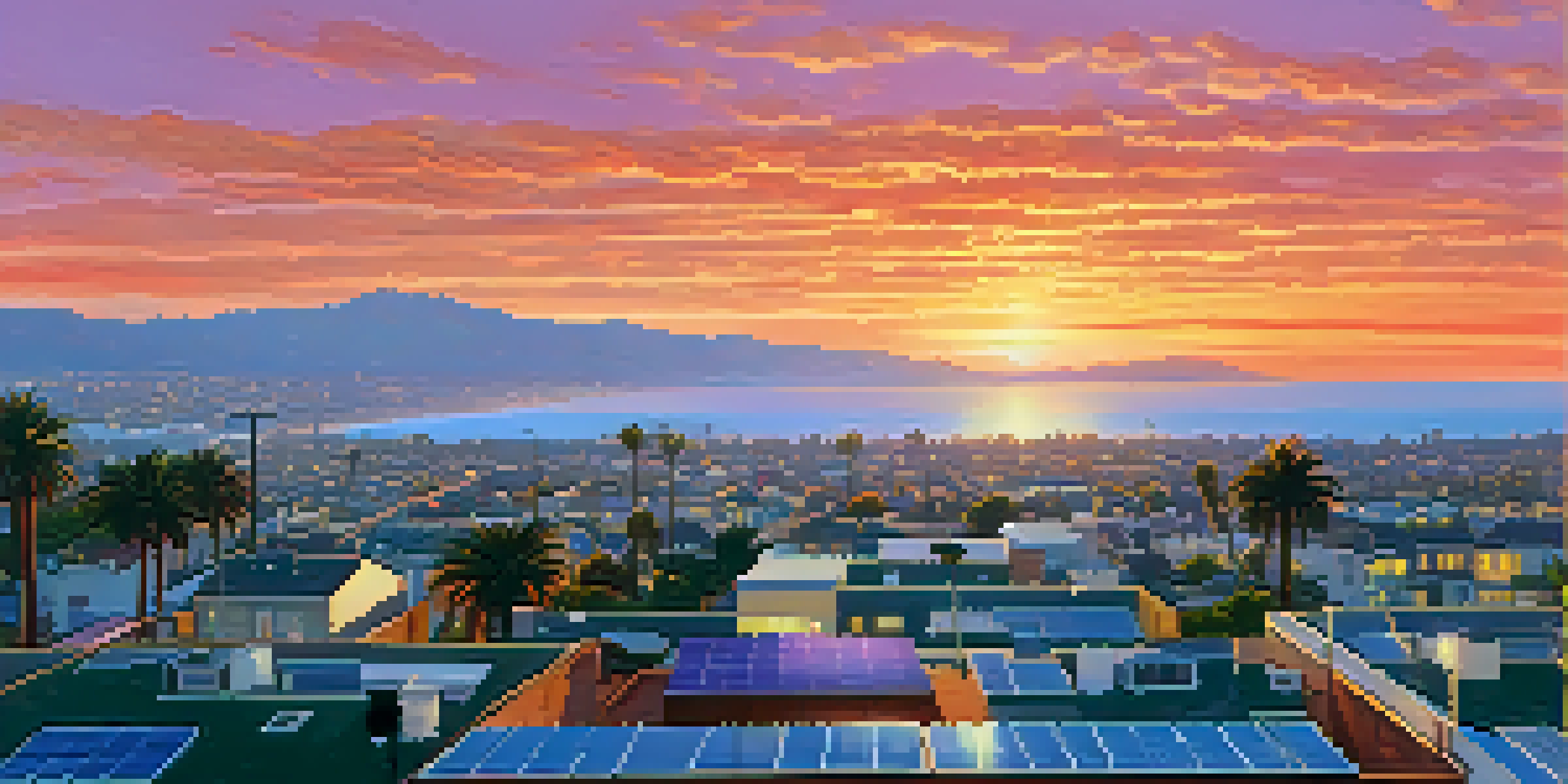 A colorful sunset over Santa Monica with solar panels on rooftops and the ocean in the background.