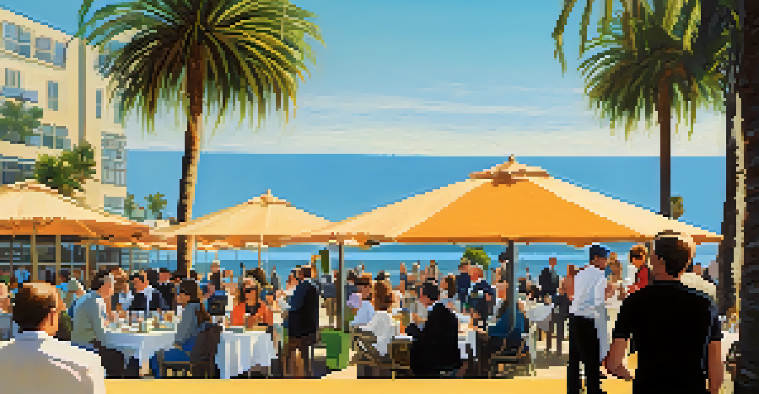 A networking event outdoors with professionals conversing under a clear blue sky, surrounded by palm trees.