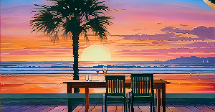 A sunset view over Santa Monica beach with a glass of Chardonnay in the foreground, showcasing vibrant colors in the sky and calm ocean waves.