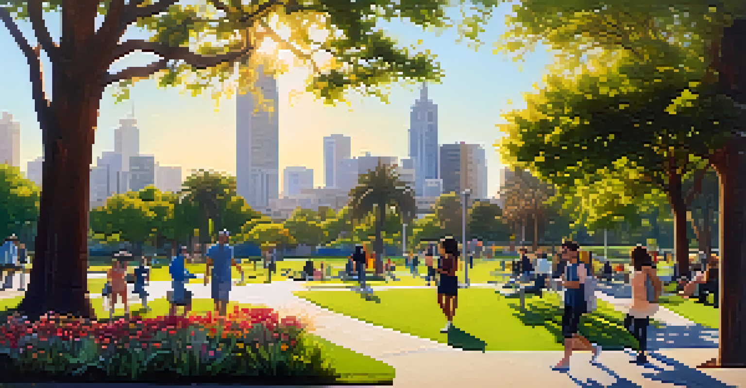 A lively urban park with people enjoying the outdoors, surrounded by lush greenery and a city skyline under bright sunlight.