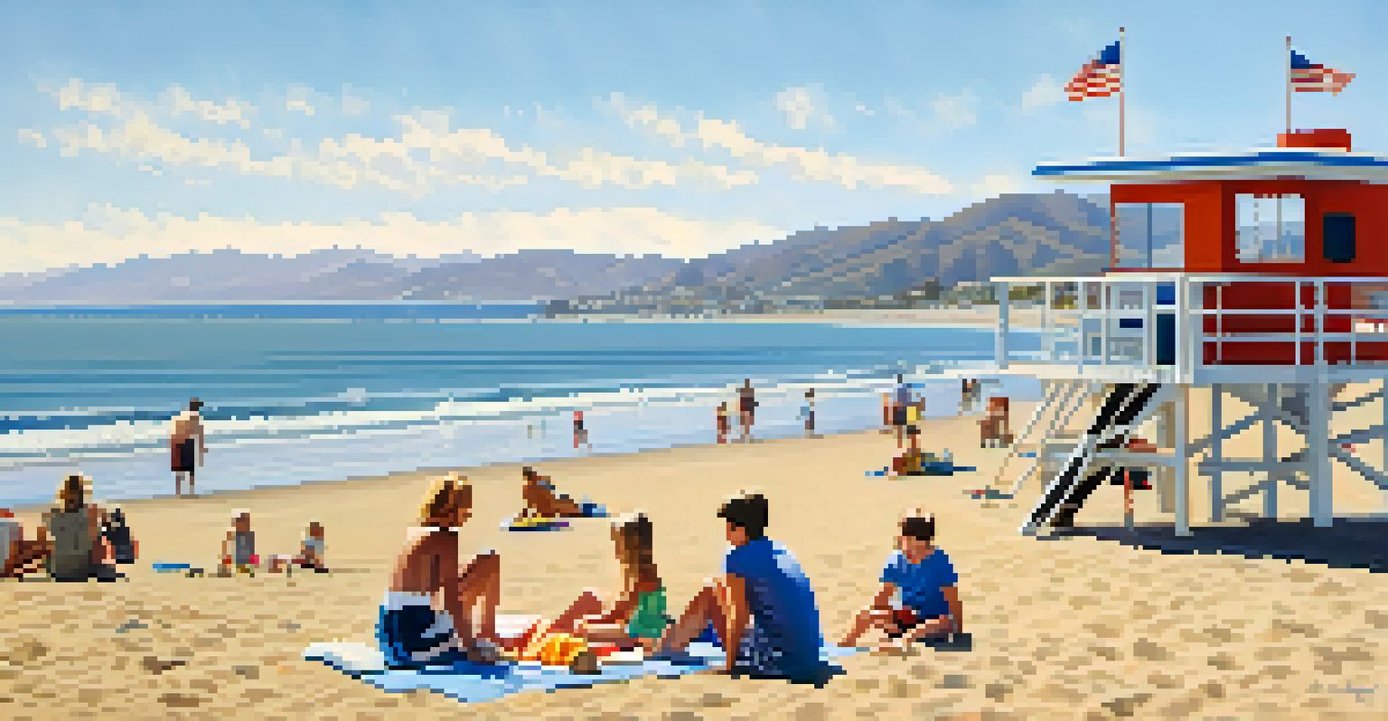 A family at Will Rogers State Beach, with children playing in the water and parents relaxing on the sand, with mountains in the background.