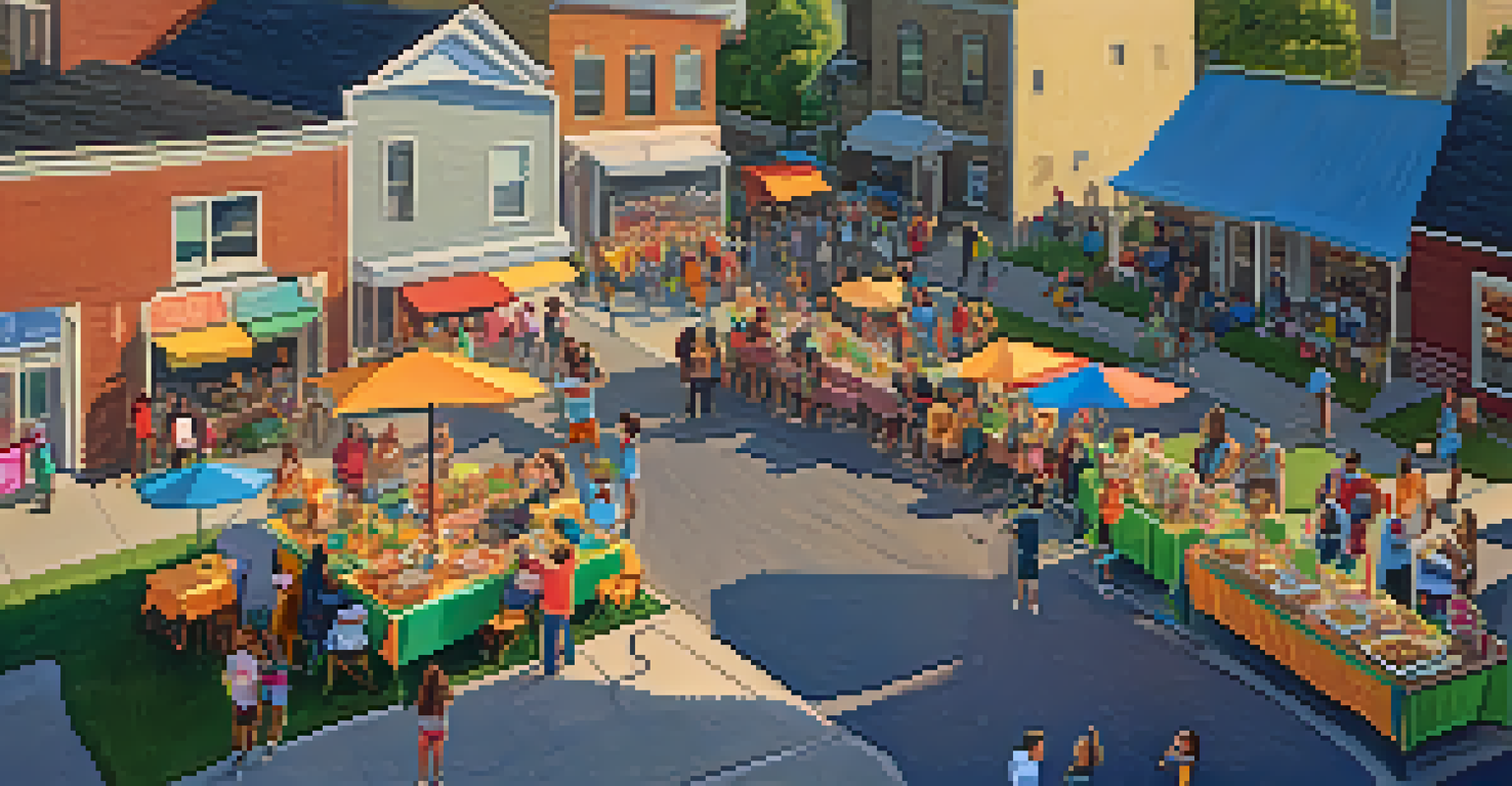 An overhead view of a vibrant block party with neighbors enjoying food and games, showcasing community spirit and togetherness.