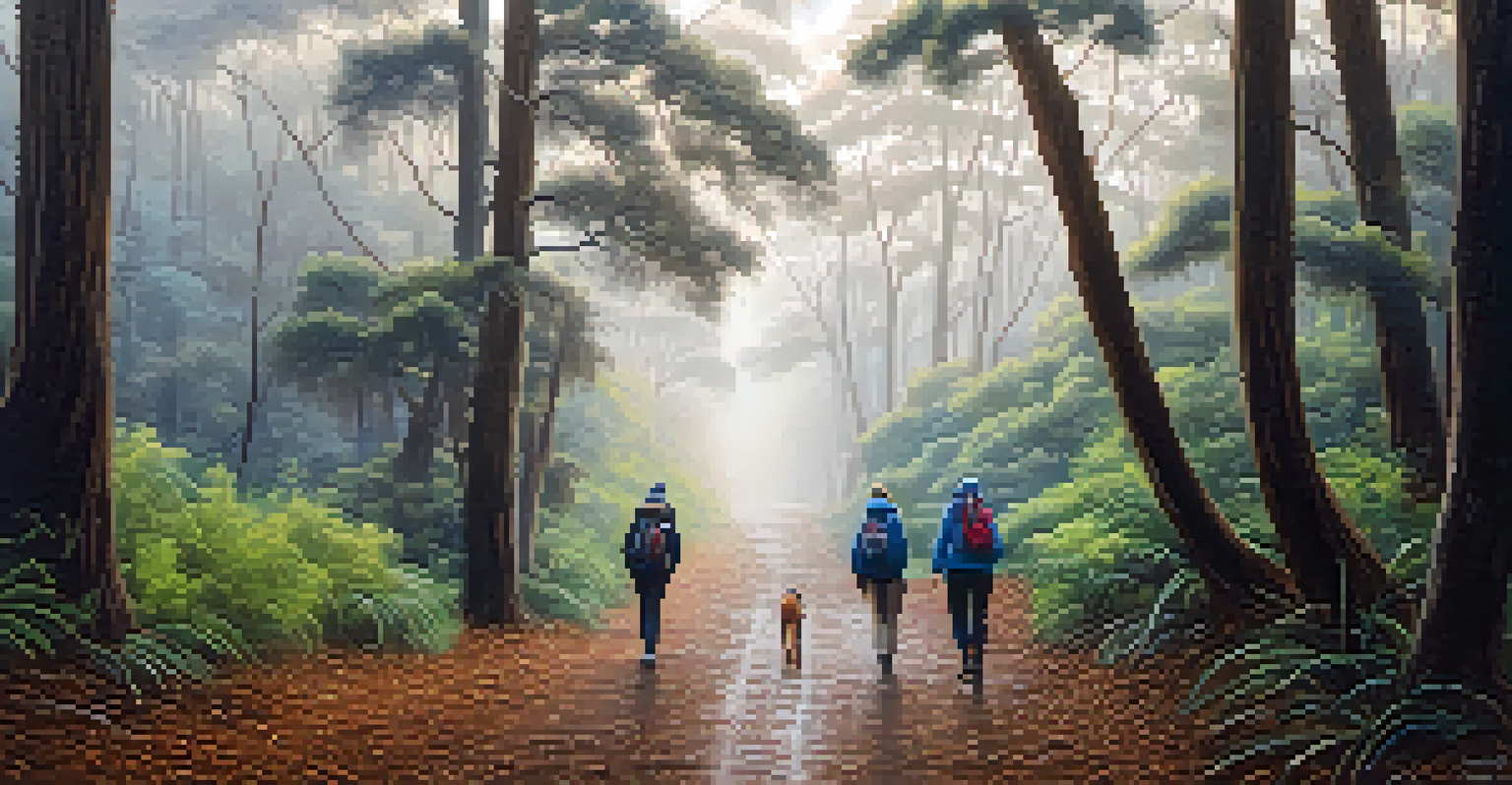 A peaceful winter hiking scene in Santa Monica with hikers on a muddy path surrounded by misty trees and soft light from a cloudy sky.