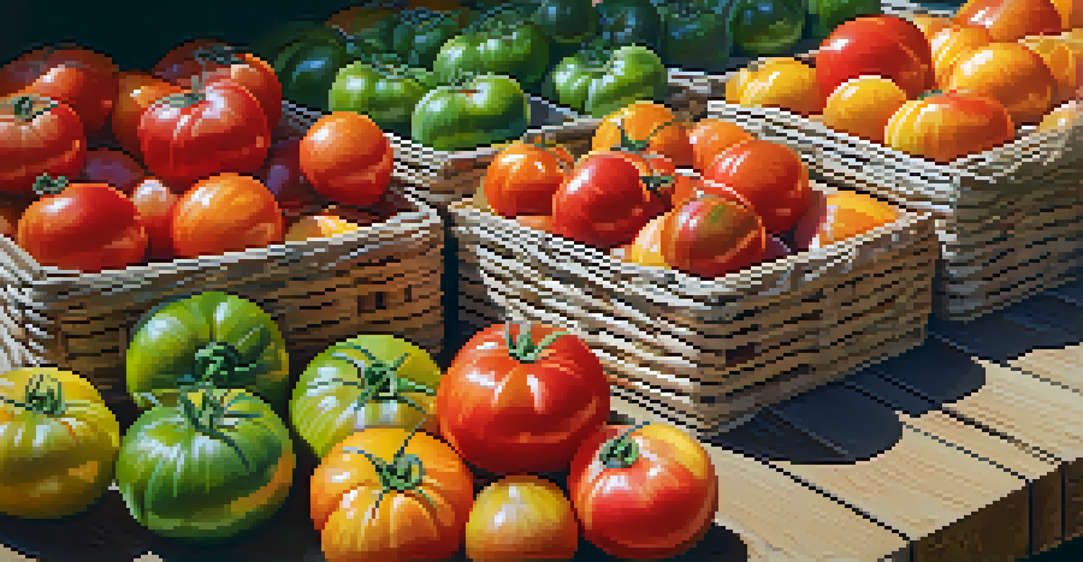 A close-up view of colorful heirloom tomatoes displayed on a wooden table at a farmers market, surrounded by greenery.