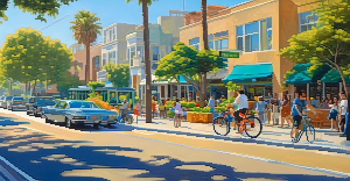 A lively Santa Monica street scene featuring solar panels, green parks, electric buses, and people biking on a sunny day.