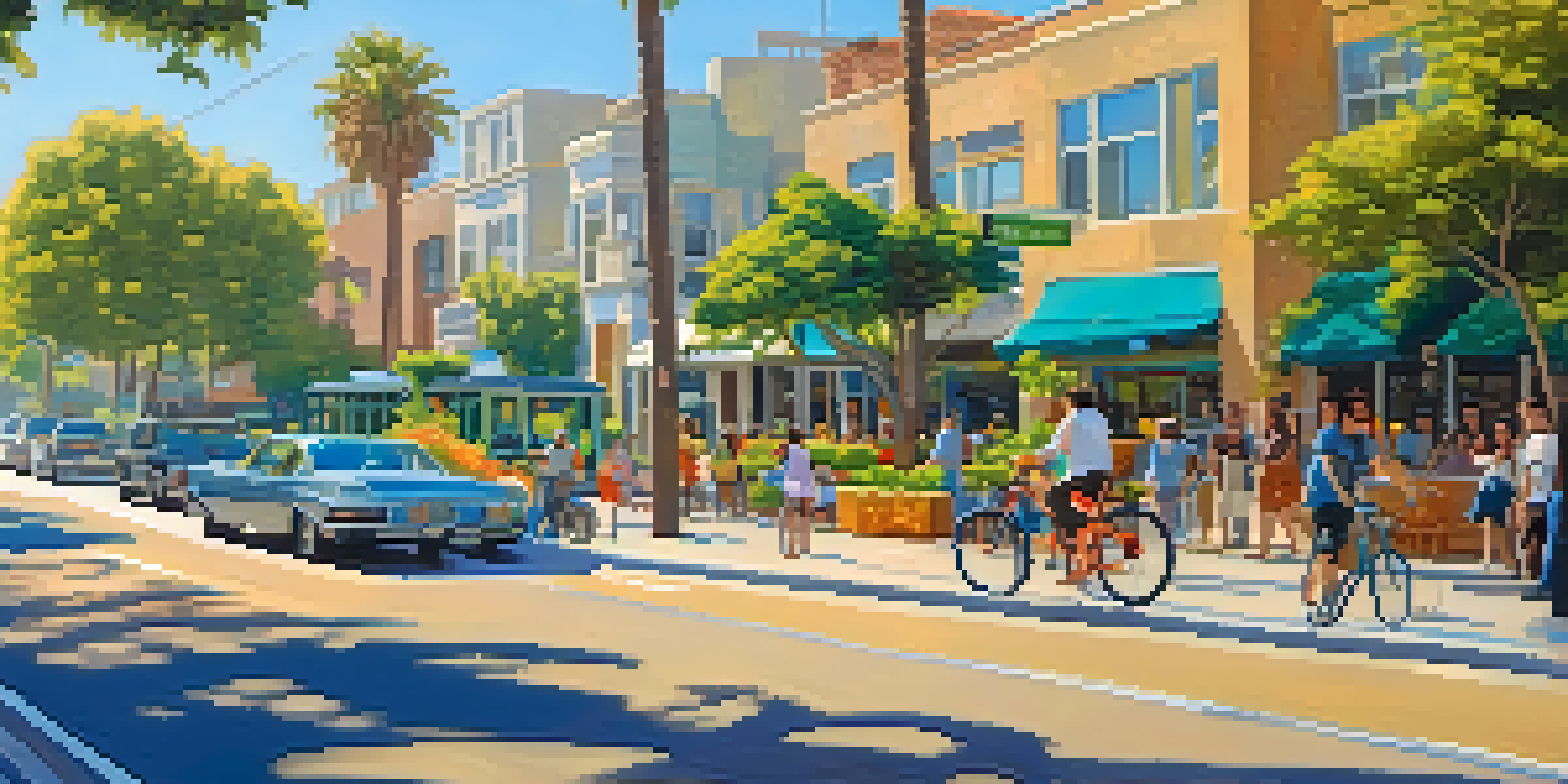 A lively Santa Monica street scene featuring solar panels, green parks, electric buses, and people biking on a sunny day.