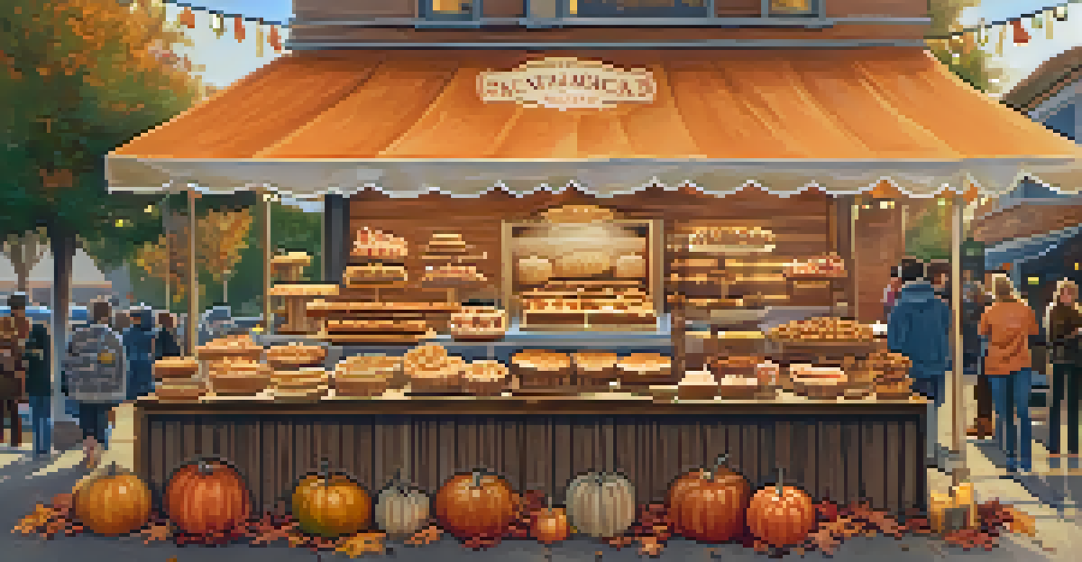 A table filled with seasonal treats like pies and caramel apples at a Santa Monica Fall Festival, surrounded by autumn decorations.