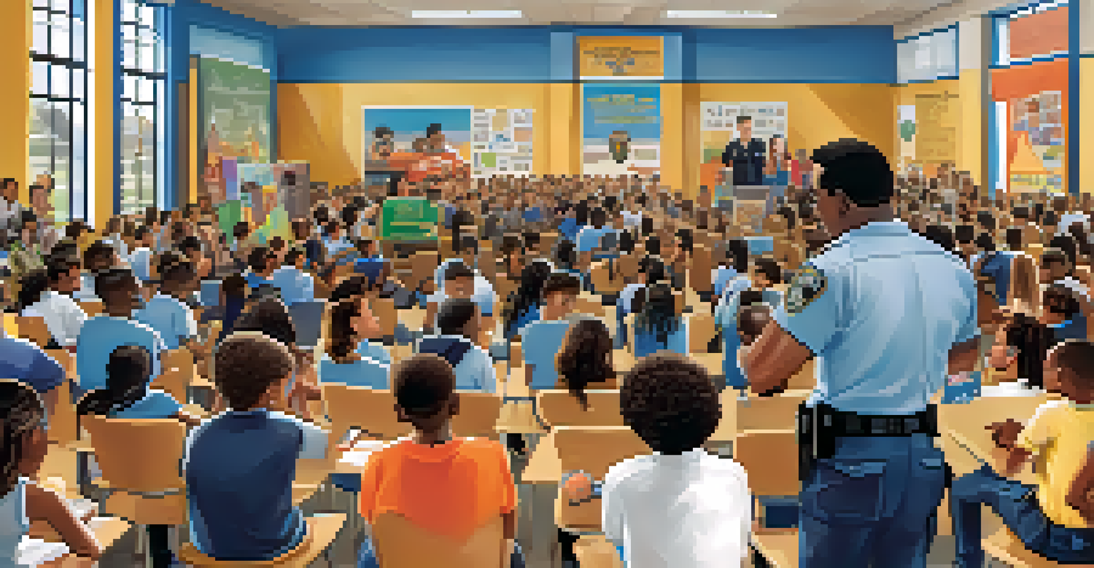 A school auditorium filled with students and police officers engaging in a youth workshop about safety and law enforcement.