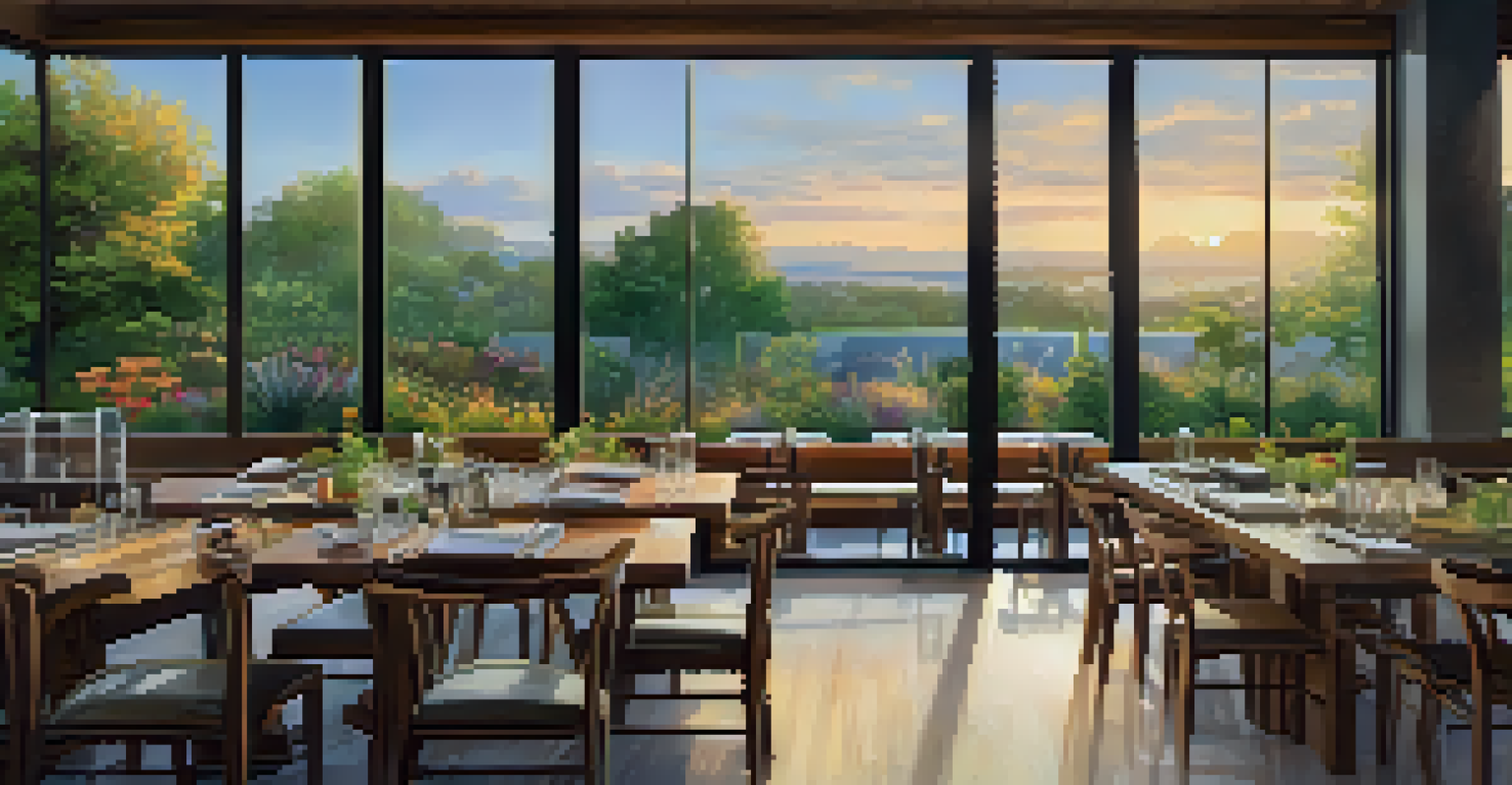 A cozy restaurant in an eco-friendly hotel with a wooden table set for dining, showcasing organic dishes and a view of a colorful garden.