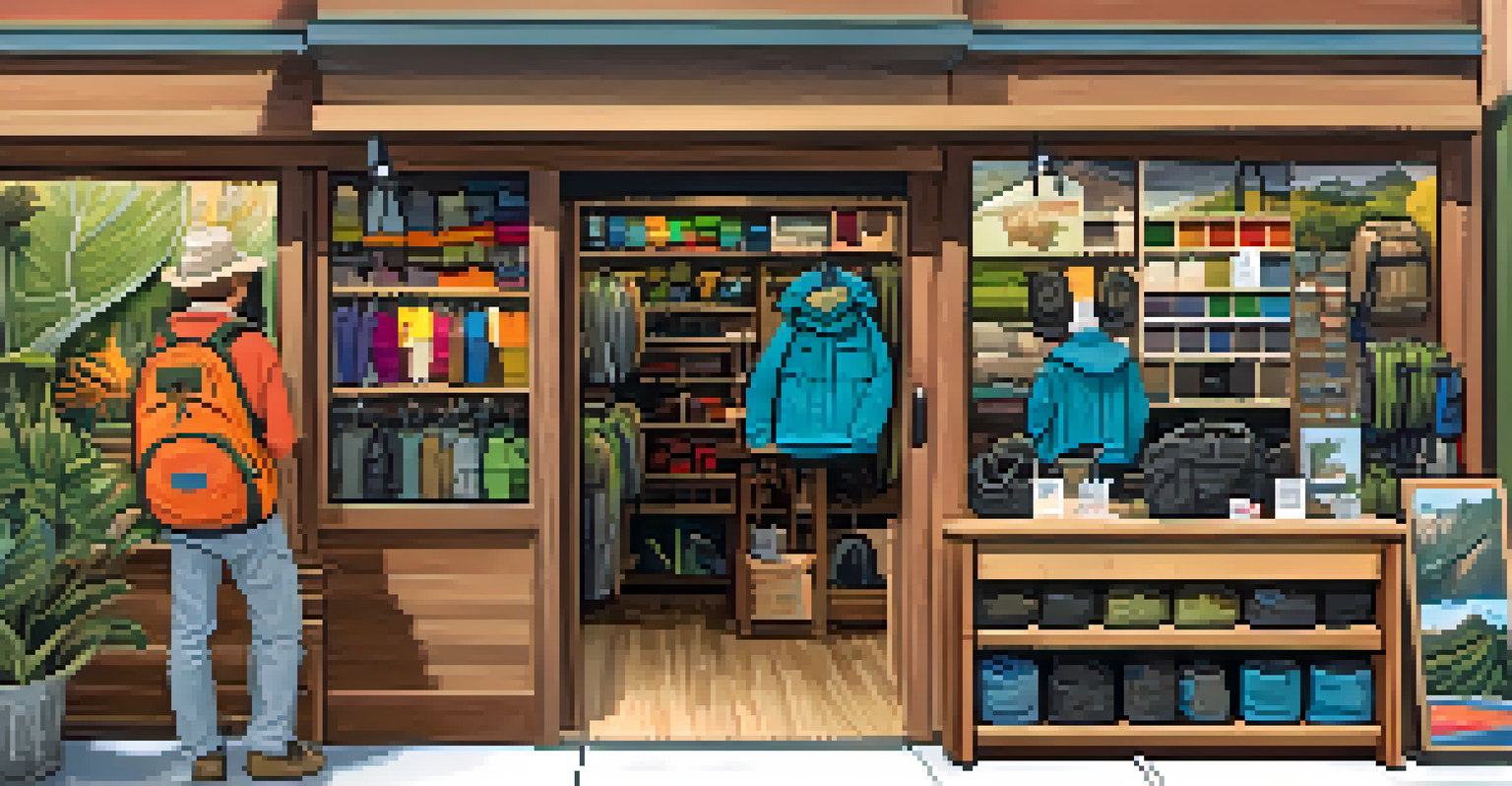 An outdoor gear shop in Santa Monica with hiking gear on display and a staff member helping a customer, showcasing community announcements.