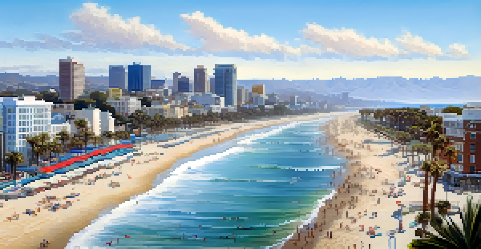 Aerial view of Santa Monica beach with the ocean and boardwalk, showcasing the blend of nature and city life in a vibrant coastal environment.