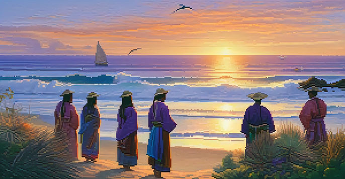 A peaceful sunset over the Santa Monica coastline featuring Native Tongva people weaving baskets on the beach.