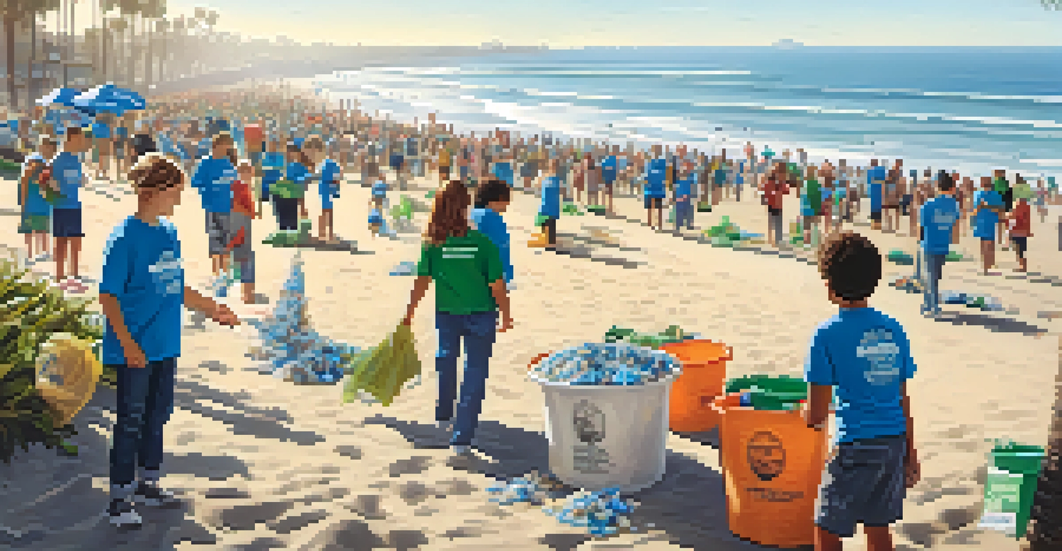 Volunteers participating in a beach clean-up event in Santa Monica, with the ocean and a sustainability banner in the background.