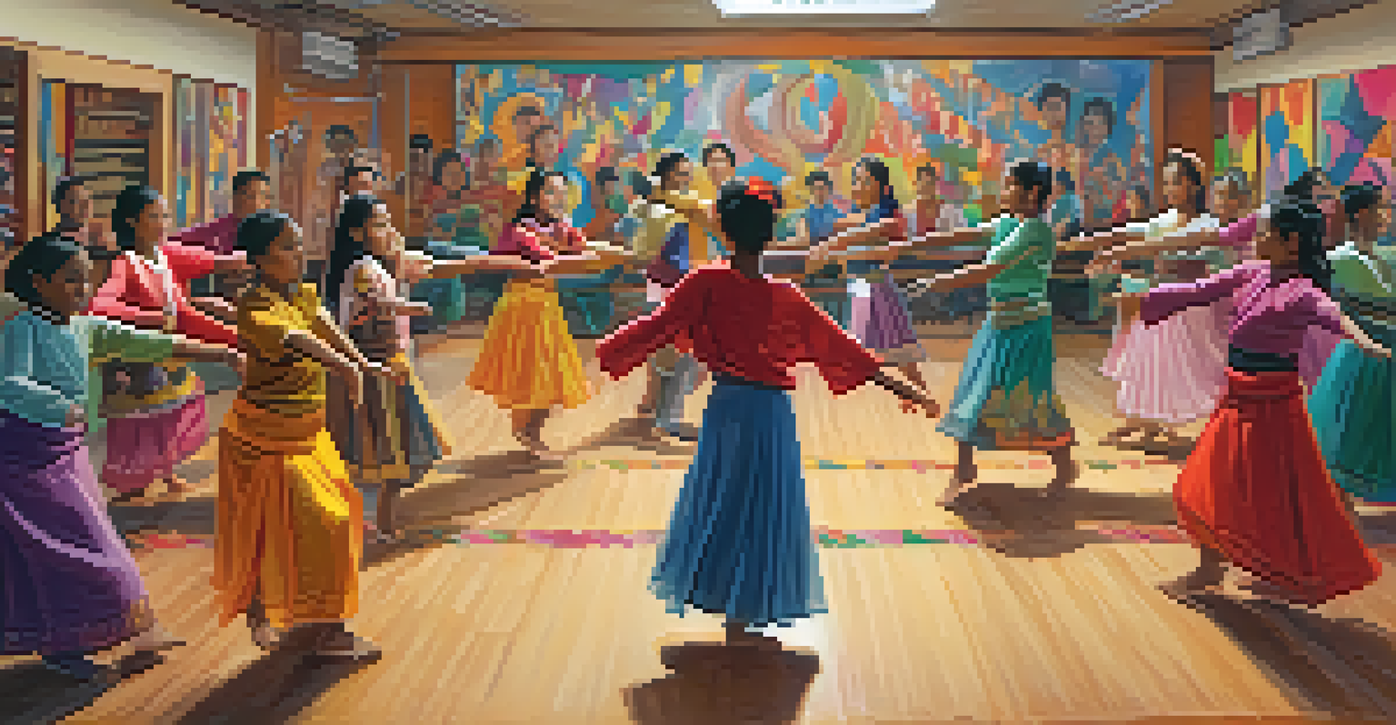 A diverse group of students learning traditional dance in a classroom setting, with a dance instructor guiding them amidst colorful wall decorations.
