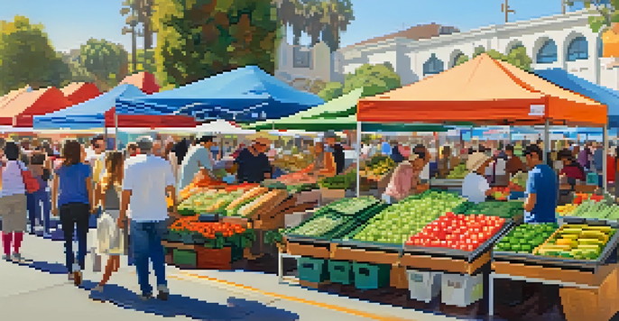 A lively Santa Monica Farmers Market with colorful stalls and engaged customers.