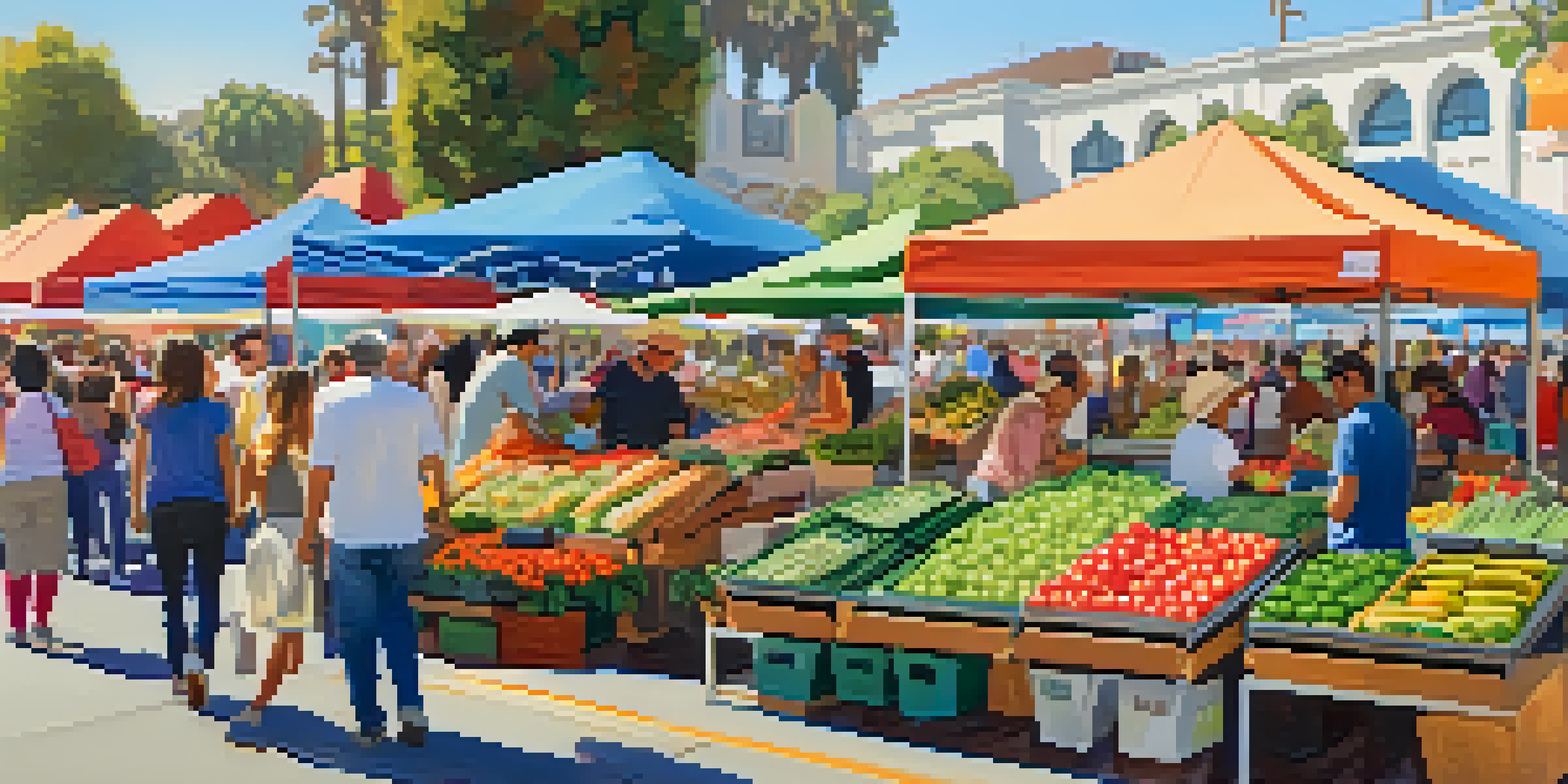 A lively Santa Monica Farmers Market with colorful stalls and engaged customers.