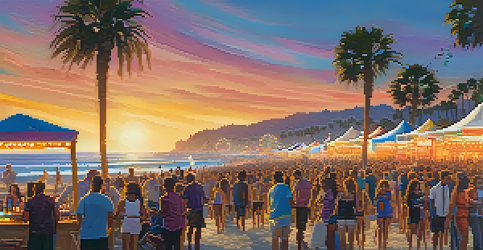 A lively beach music festival in Santa Monica with diverse crowds, food stalls, and a sunset.