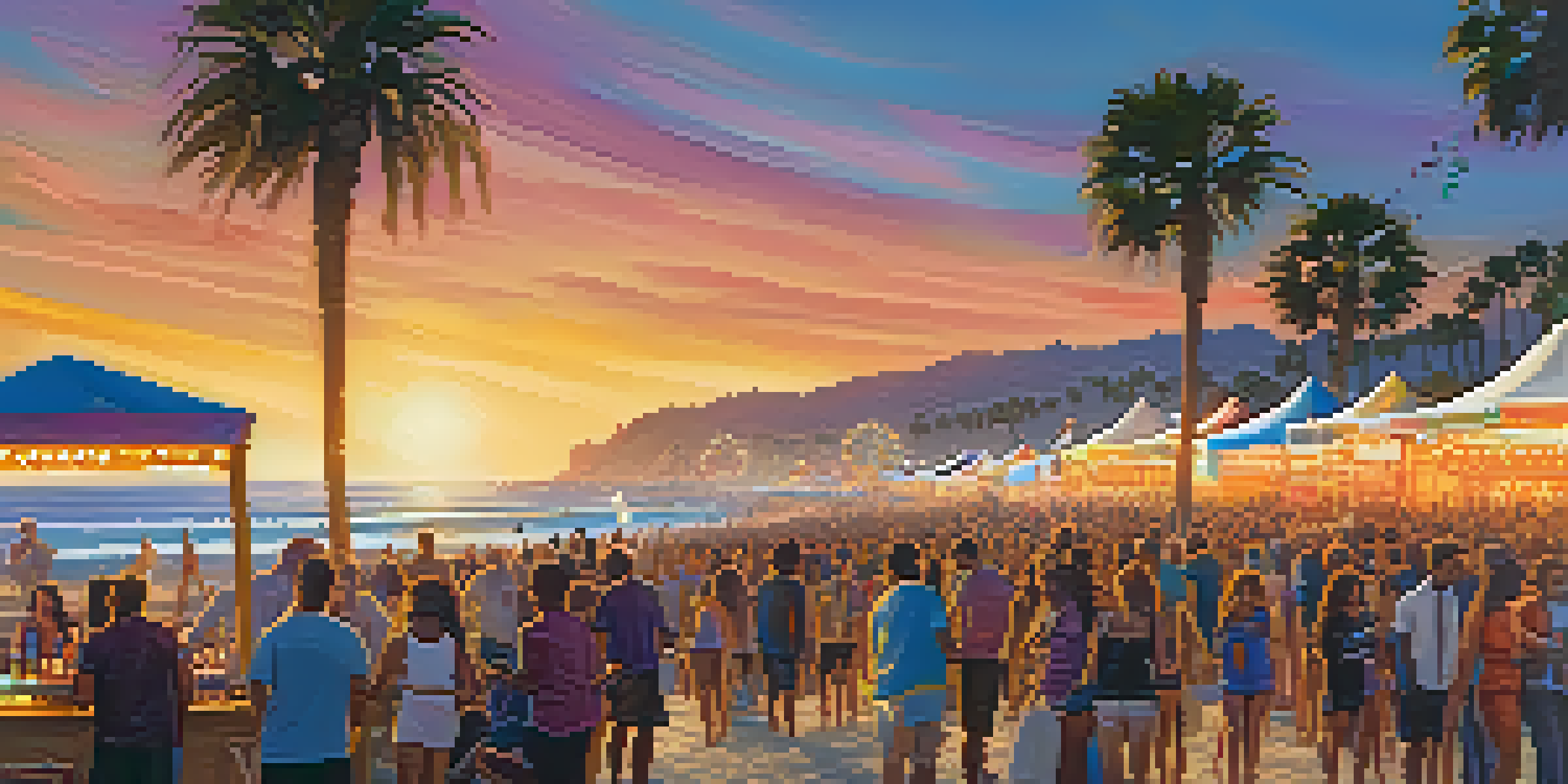 A lively beach music festival in Santa Monica with diverse crowds, food stalls, and a sunset.