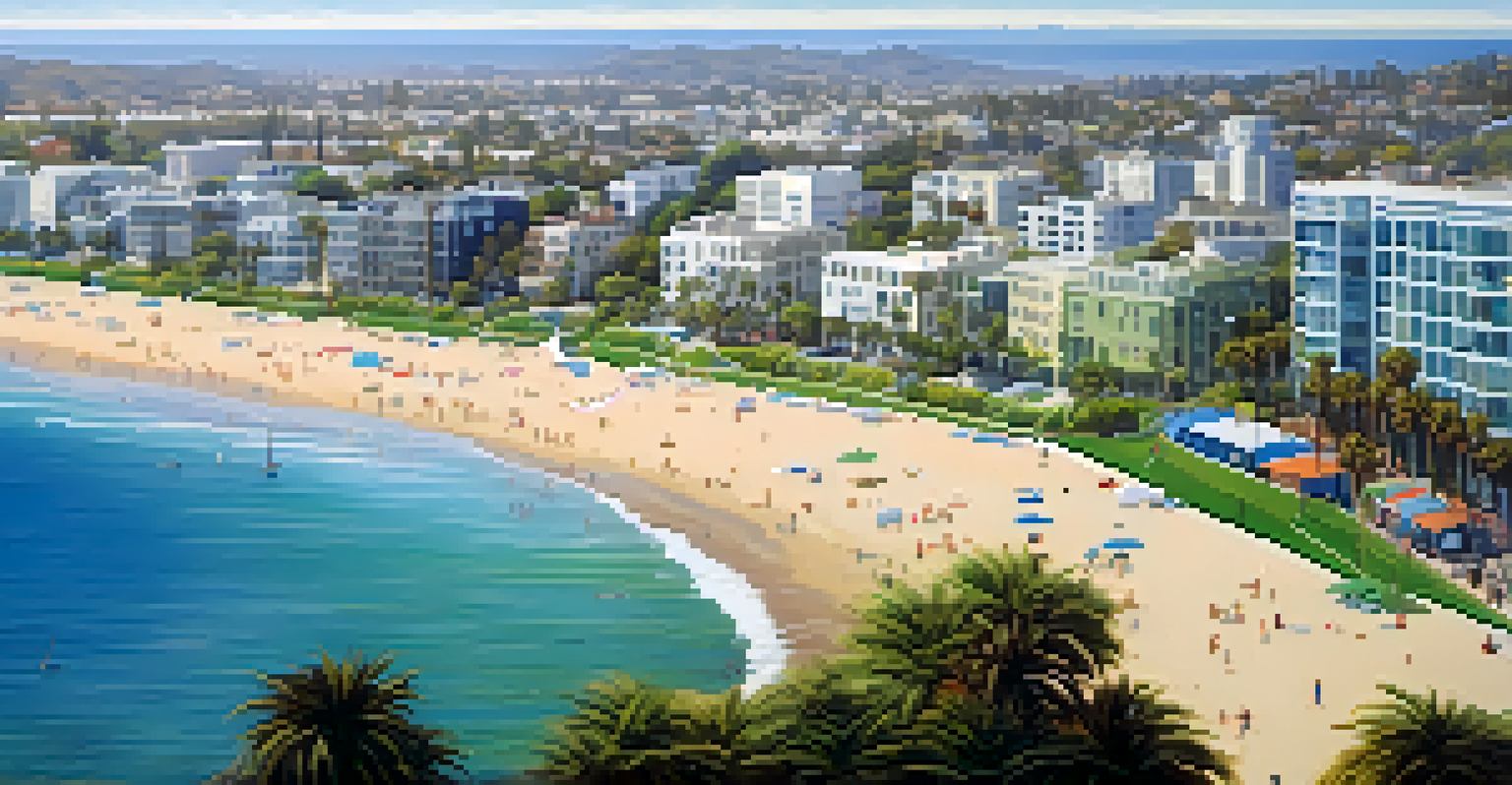 Aerial view of Santa Monica's cityscape showing modern buildings, parks, and the ocean, highlighting the urban-nature blend.