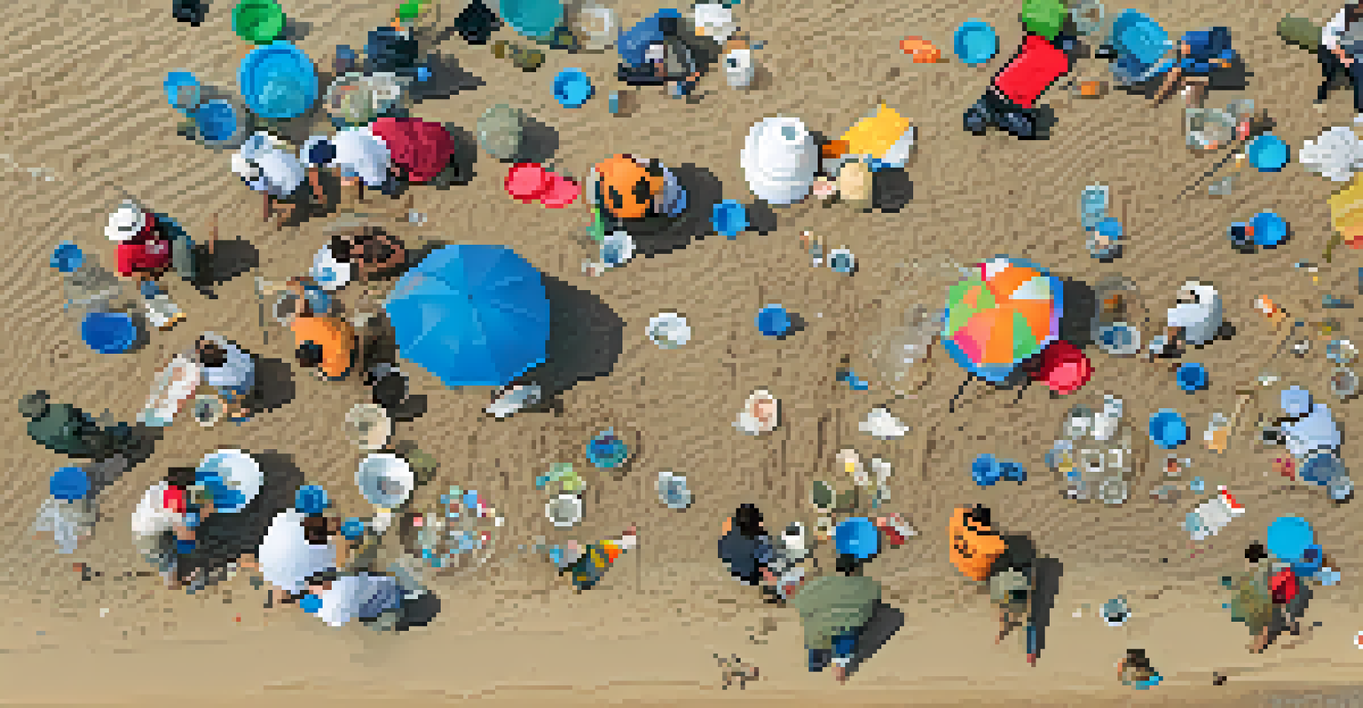 Overhead view of volunteers collecting trash on a sandy beach, with a clear blue sky and ocean waves in the background.