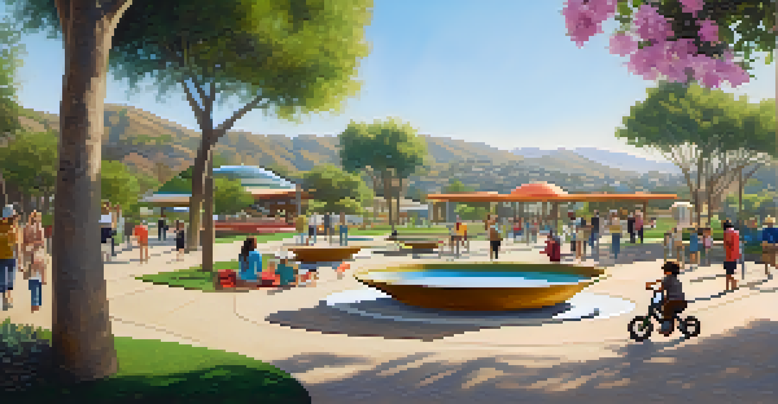 Visitors enjoying Tongva Park, with hills, art installations, and water features.