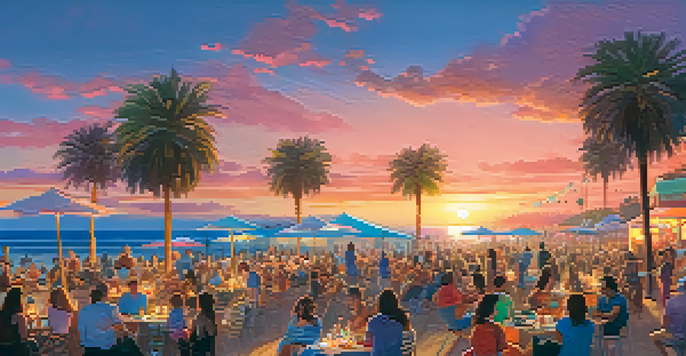 A lively outdoor concert at sunset, with people sitting on blankets and a band performing on stage by the beach.