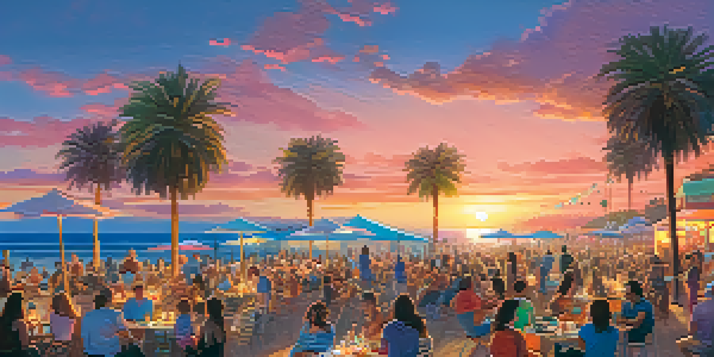 A lively outdoor concert at sunset, with people sitting on blankets and a band performing on stage by the beach.