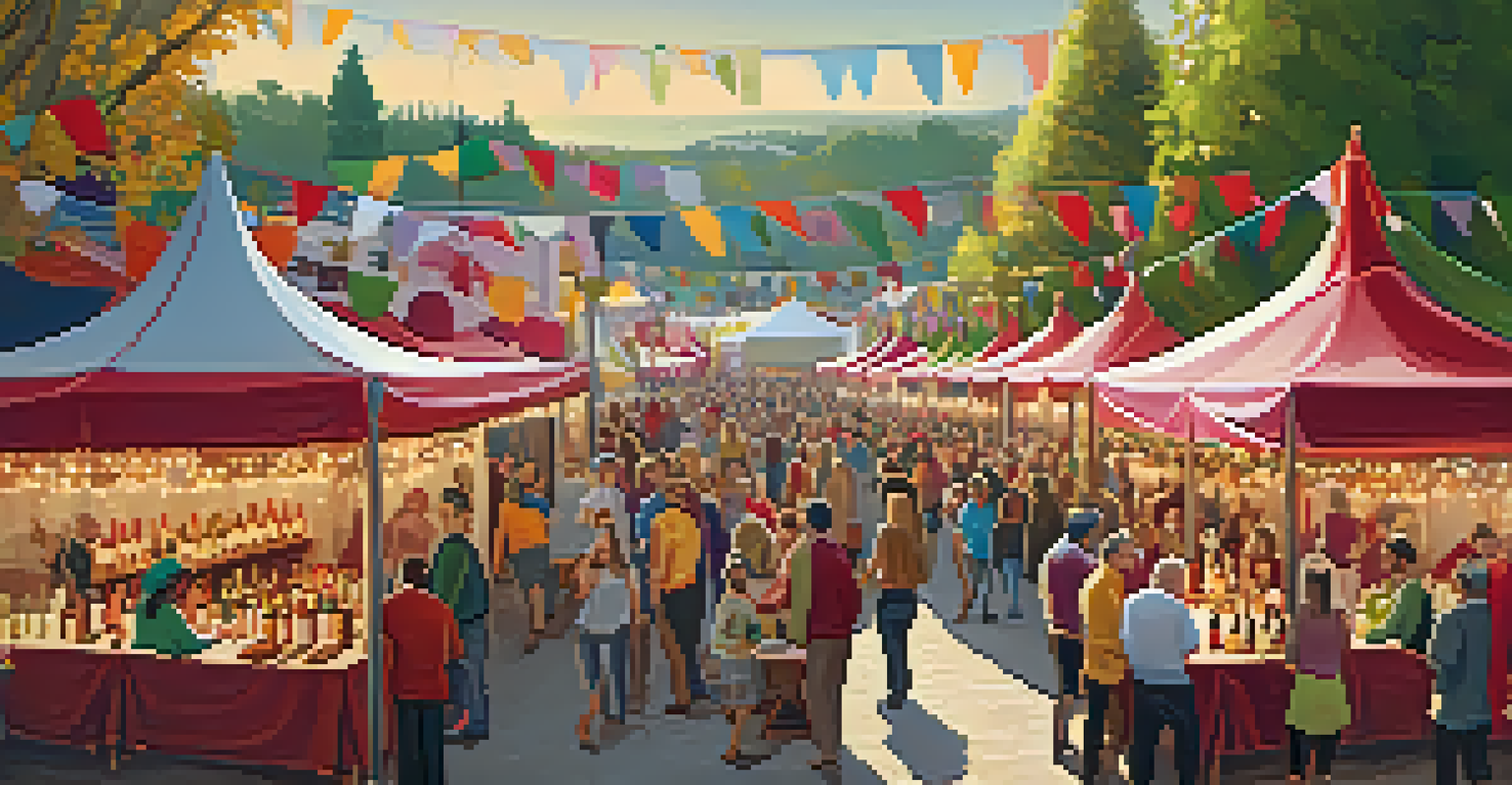 A lively wine festival with colorful tents and booths, where people taste wine and enjoy live music in a festive atmosphere.