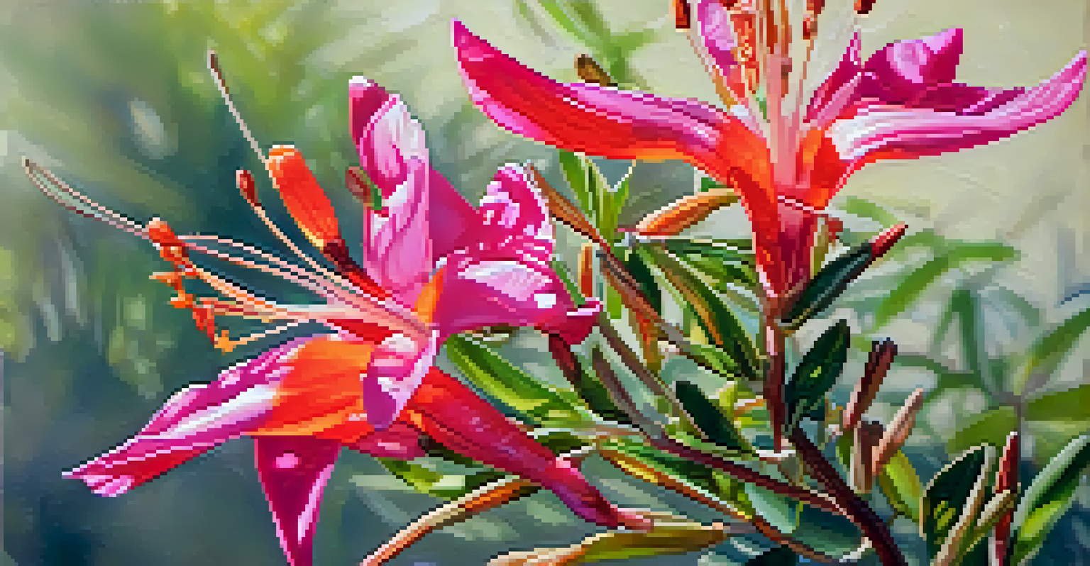 Close-up of blooming California fuchsia and desert willow flowers, with sunlight filtering through the leaves and a blurred green background.