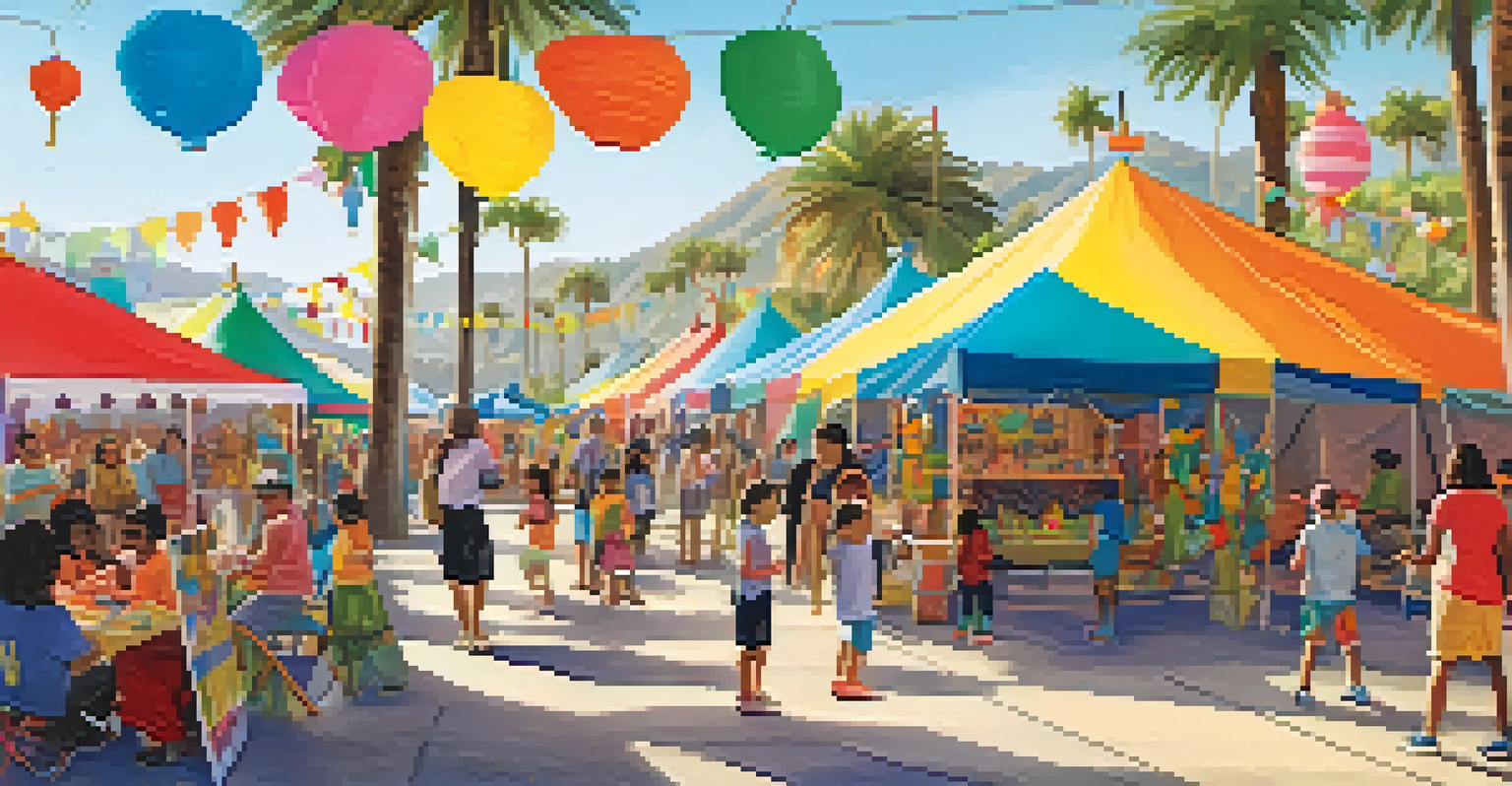 Families enjoying a cultural festival in Santa Monica, with children engaged in crafts and face painting under colorful tents.