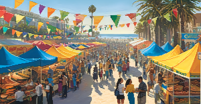 A lively cultural festival with diverse food stalls and people enjoying various cuisines, set against a beach backdrop at sunset.