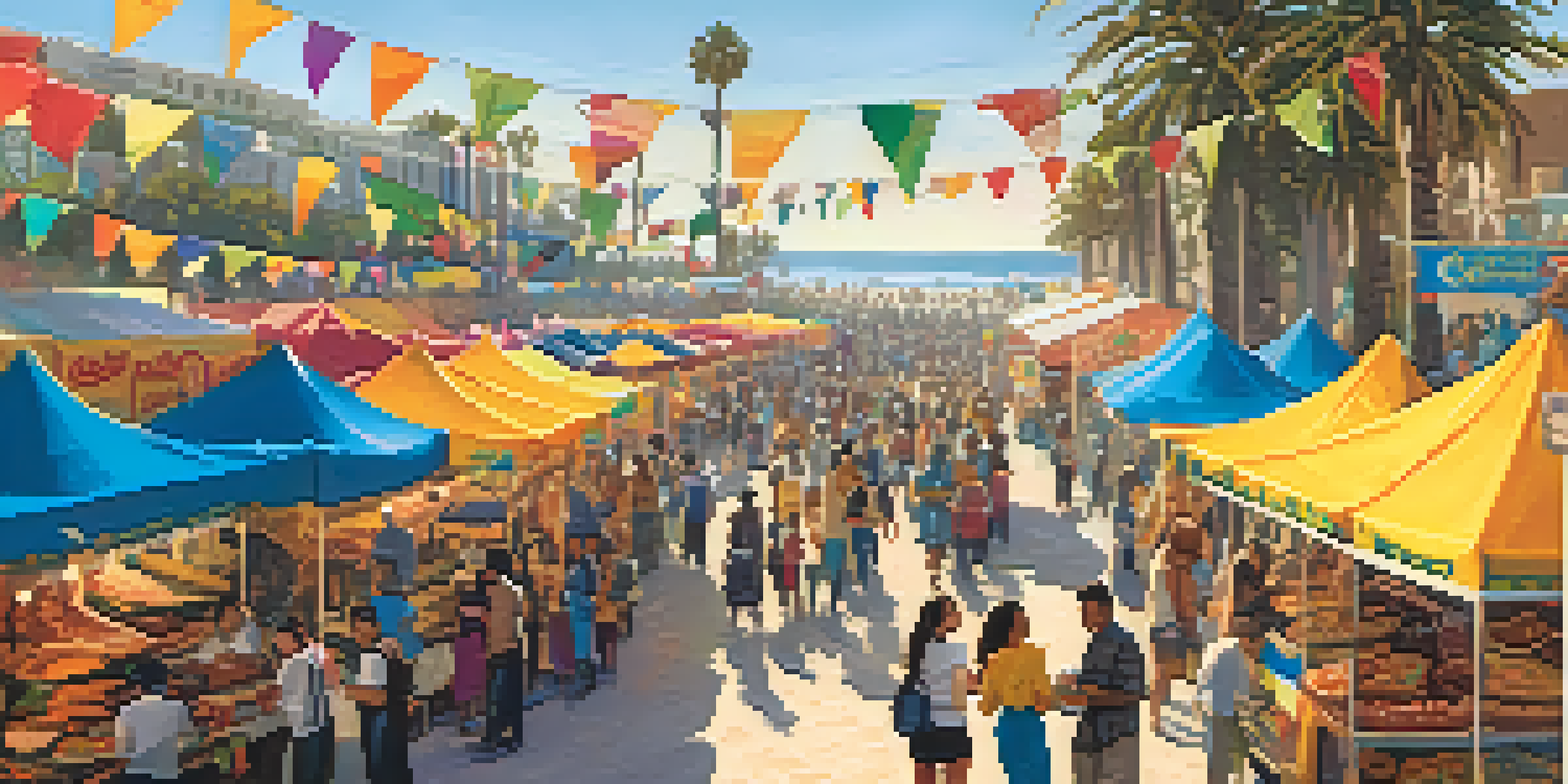 A lively cultural festival with diverse food stalls and people enjoying various cuisines, set against a beach backdrop at sunset.